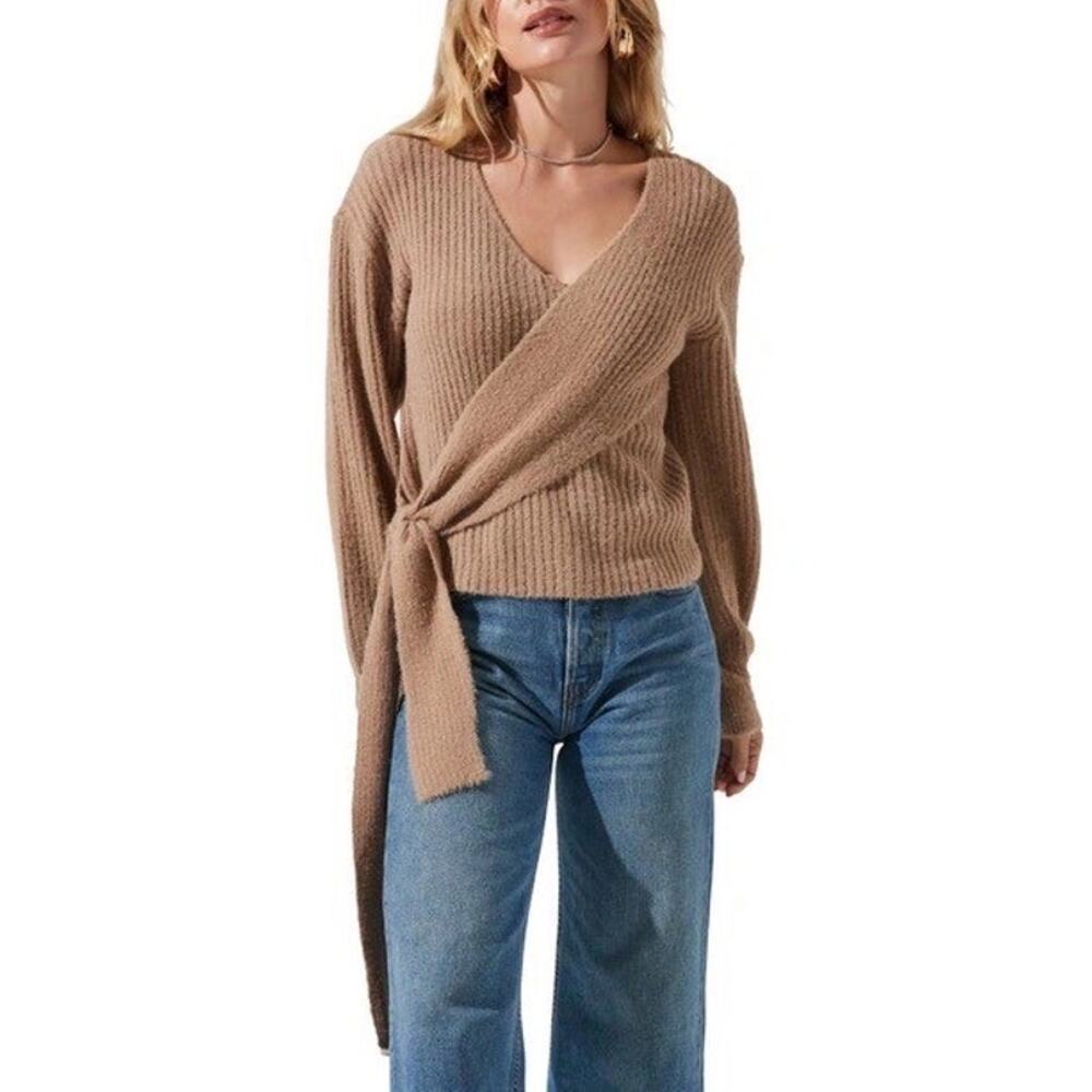 ASTR Brown Ribbed Wrap Tie Sweater Wool Blend Size L